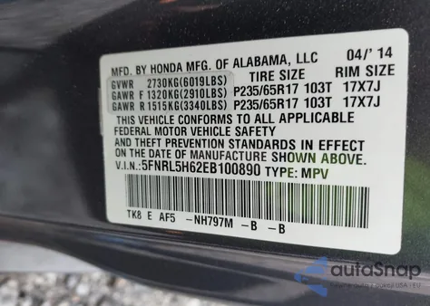 2014 Honda Odyssey Ex-L from USA, damaged, VIN 5FNRL5H62EB100890